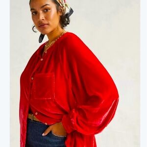 Anthropologie Pilcro Velvet Femme Button Down Shirt in Cherry Red EUC Size 1X